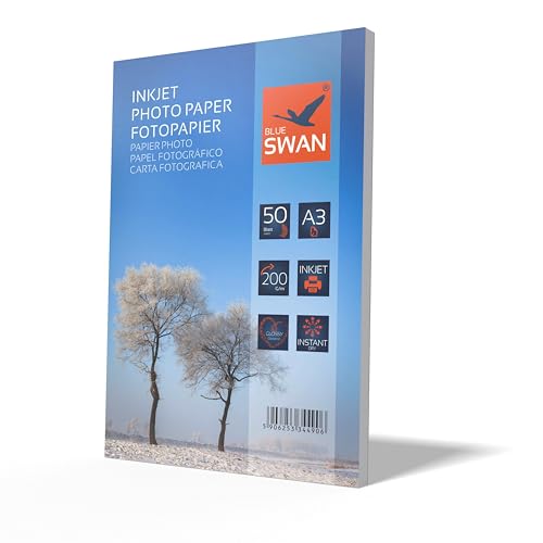 BLUE SWAN DIN A3 Fotopapier, 200g/m², 50 Blatt hochglänzend wasserfest, einseitig,für A3 Tintenstrahldrucker von BLUE SWAN