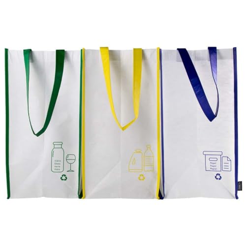 Recycling-Müllbeutel, 3 Beutel, mit Bändern, Packung mit Recyclingbeutel in Blau, Grün und Gelb, zum Recycling von Kunststoff, Glas, Papier und Pappe, langlebig, 23 l, mit Griffen (weiß) von BLUECHOLON