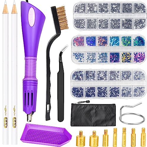 BLUESEABUY Hotfix Applikator, Strasssteine Applikator Werkzeug Hotfix Strass Applikator Set mit 7 Applikatorspitzen & Hotfix Strasssteine Glitzersteine für Textilien Stoff Craft von BLUESEABUY