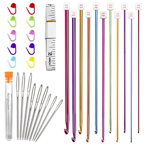 Häkelnadel Set, Tunesische Häkelnadeln Set 11 Größen Tragbaren Stricken Nadeln Kit mit Stichmarker, große Öse, Maßband für Anfänger, Heimgebrauch, Handarbeiten, Arthritis, 2mm-10mm von BLUESEABUY