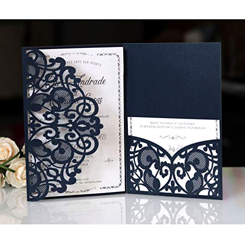 BLUGUL 10 Stück Hochzeit Einladungskarten, Hochzeitskarten, Hollow Floral Design, mit 2 Blanko-Karte, Marineblau von BLUGUL