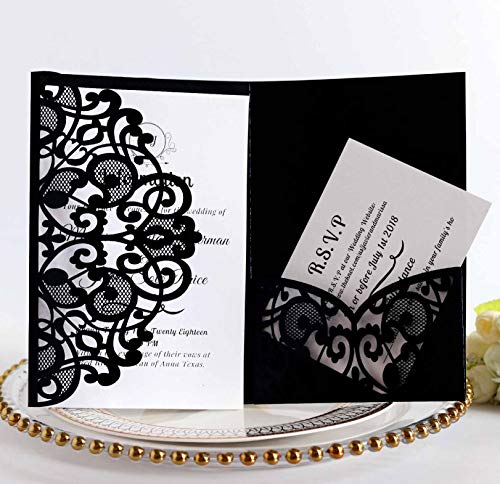 BLUGUL 10 Stück Hochzeit Einladungskarten, Hochzeitskarten, Hollow Floral Design, mit 2 Blanko-Karte, Schwarz von BLUGUL