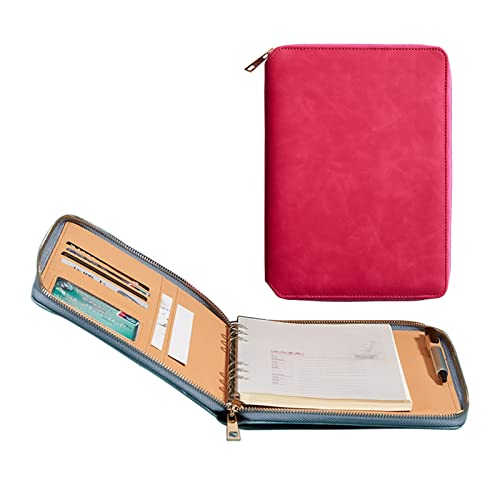 BLUNOA Schreibmappe A5 Konferenzmappe Leder Dokumentenmappe Mit Reißverschluss Geschäfts Organizer Mit Schreibblock Kartenhalter Stifthalter Für Damen Und Herren (Color : Pink) von BLUNOA