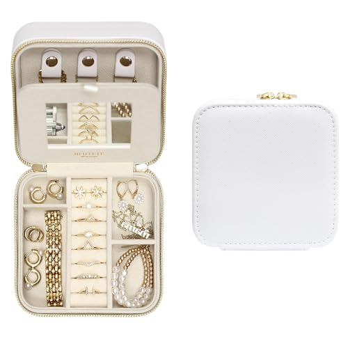 BLUTETE Reise-Schmuckschatulle aus Saffiano-Leder mit Spiegel, tragbar, mit Reißverschluss, mehrere Fächer, Schmuck-Organizer (weiß) von BLUTETE