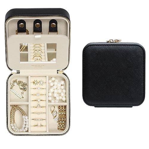 BLUTETE Saffiano-Reise-Schmuckschatulle aus Leder mit Spiegel, tragbare Schmuckschatulle mit Reißverschluss, mehrere Fächer, Schmuck-Organizer (schwarz) von BLUTETE