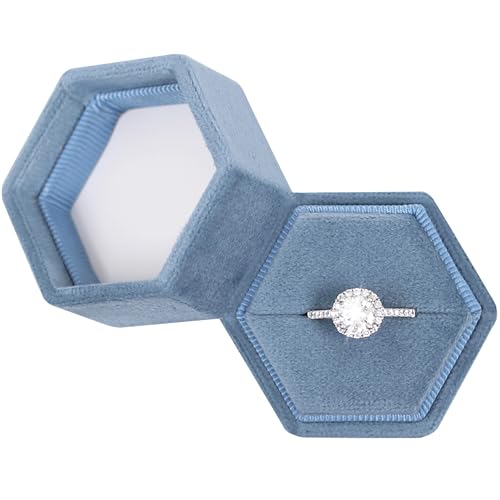 BLUTETE Sechseckige Samt-Schmuckschatulle, für Verlobung, Hochzeit, Erinnerungsbox, Braut-Foto-Ring (Ozeanblau) von BLUTETE
