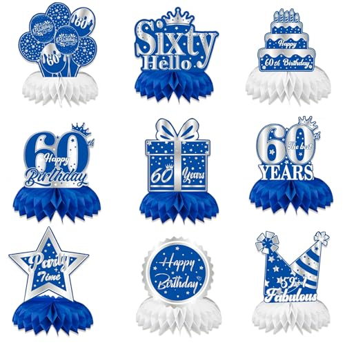 9 Stück BMYUK Blau Silber Geburtstag Waben Mittelstücke Party Dekorationen Hochzeitstag Geburtstag Tischaufsätze Party Dekoration Zubehör für Männer Frauen (Blau Silber 60.) von BMYUK