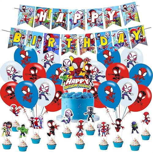 Geburtstagsdekoration mit Spinne und seinen Freunden, Spinne und seine Freunde, Partyzubehör beinhaltet Happy Birthday-Banner, Kuchenaufsatz und Cupcake-Topper, Luftballons für Kinderparty-Dekoration von BNFUO
