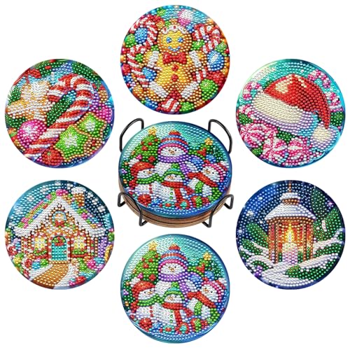 BNG Diamond Painting Untersetzer Mit Halter, 6 Stück Weihnachtskunst DIY Bastel Untersetzer für Erwachsene, Kunstmalerei Sets für Frauen, Anfänger, Diamant Bastelzubehör von BNG