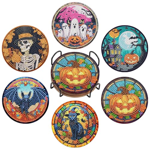 BNG Halloween Diamond Painting Untersetzer Mit Halter, 6 Stück DIY Bastel Untersetzer für Erwachsene, Kunstmalerei Sets für Frauen, Anfänger, Diamant Bastelzubehör von BNG