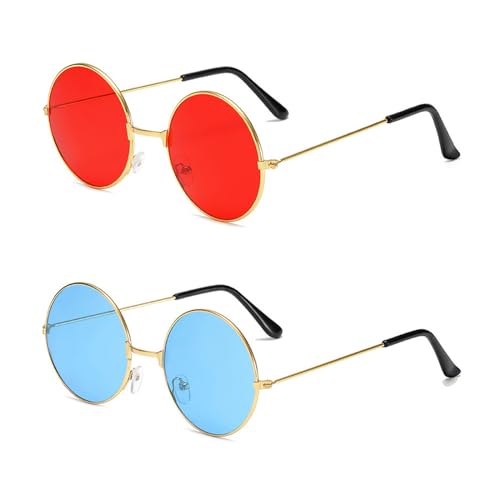 Hippie Sonnenbrille, Sonnenbrille Rund, Hippie Kostüm Sonnenbrillen, Runde Hippie Brille, Partybrille, Hippie Brille Retro Sonnenbrille Rund für 60er 70er Jahre Party Kostümzubehör, 2 Stück(Rot+Blau) von BNOYONERAS