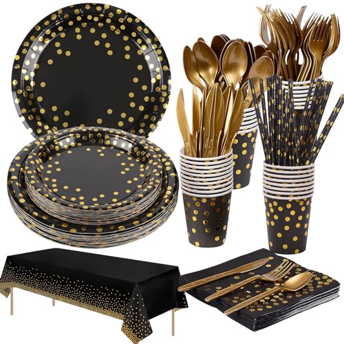 161 Stück Partygeschirr Kindergeburtstag,schwarzes Gold Partyzubehör Pappteller Set, Wiederverwendbar Papier Geschirr Set mit Teller Becher Servietten Strohhalme Holz Gabellöffel - 20 Gäste 161 Stück Partygeschirr Kindergeburtstag,schwarzes Gold Partyzubehör Pappteller Set, Wiederverwendbar Papier Geschirr Set mit Teller Becher Servietten Strohhalme Holz Gabellöffel - 20 Gäste von BNWRRCVKE