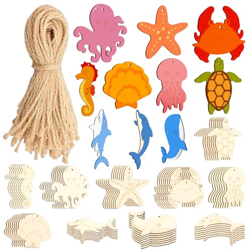 80 Stück Meerestiere Holzscheiben zum Basteln Bastelsets für Kinder Unterwasserwelt Deko Holztiere zum Bemalen für Mädchen Junge von BOBASH