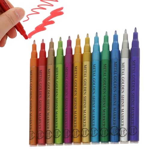BOBASH Metallic Marker Stifte 12 Farben Metallic Acrylstifte Wasserfest Acrylmarker Metallischen Marker für DIY Fotoalbum Steine Bemalen Glas Papier Holz Geschenkekarte Basteln(A) von BOBASH
