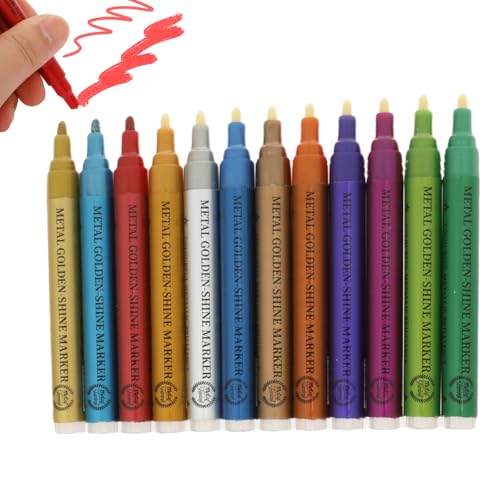 BOBASH Metallic Marker Stifte 12 Farben Metallic Acrylstifte Wasserfest Acrylmarker Metallischen Marker für DIY Fotoalbum Steine Bemalen Glas Papier Holz Geschenkekarte Basteln(B) von BOBASH