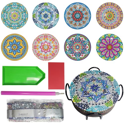 BOBISHE Diamond Painting Untersetzer mit Halter, 8 Stück Diamant Tassenuntersetzer Set, Saugfähig Kork Coasters, Mandala-Muster, rutschfest Untersetzer für Getränke, DIY Kunst für Erwachsene & Kinder von BOBISHE