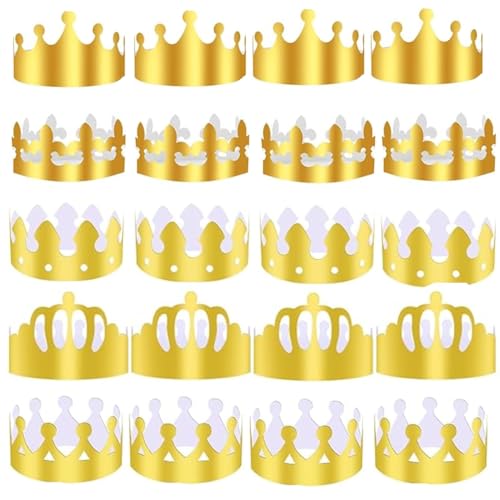 BOBOZHONG 20 Stück Goldene Papier Kronen für Party (5 Stile) – Verstellbare Königskrone aus Papier, DIY Geburtstagsdekoration für Kinder, Hochzeit & Themenfeste, 58-61cm (Gold) von BOBOZHONG