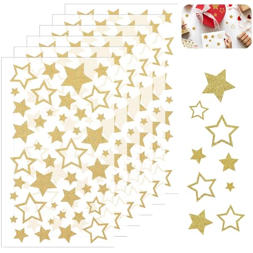 BOBOZHONG 6 Blatt Gold Glitzer Sternaufkleber (252 Stück) – Selbstklebende Sterne in 2 Designs (Hohl & Voll) – PVC Aufkleber für Basteln, Auto, Geschenke, Belohnung – 0.35-1.6 Zoll, Stark Haftend von BOBOZHONG