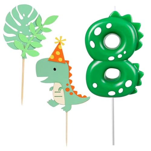 BOBOZHONG Dino Geburtstagskerzen,Geburtstagskerzen Zahlen 8,Dinosaurier Kerzen Geburtstag,Kerzen Zahlen,mit 2 Stück Cake Topper,für Alle Geburtstag Zubehör Dinosaurier Thema Party Kuchen von BOBOZHONG