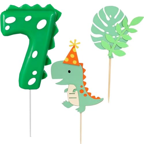 Dino Geburtstagskerzen,Geburtstagskerzen Zahlen 7,Dinosaurier Kerzen Geburtstag,Kerzen Zahlen,mit 2 Stück Cake Topper,für Alle Geburtstag Zubehör Dinosaurier Thema Party Kuchen von BOBOZHONG