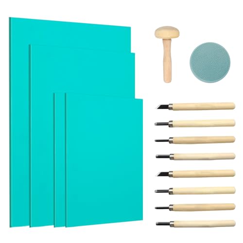 14 Stück Linoldruck Set - Linolschnitt Set, Gummistempel Schnitzblöcke Weichgummi Linoldruck Platte Sicherheit Präzises Drucken DIY für Stempelschnitzerei und Druckgrafik von BOCHENG
