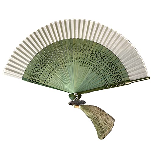 BODHIS 22,0 cm großer Faltbarer Handfächer aus Seide, grüner Handfächer mit ausgehöhltem Rahmen und Quaste (Mehrfarbig) von BODHIS