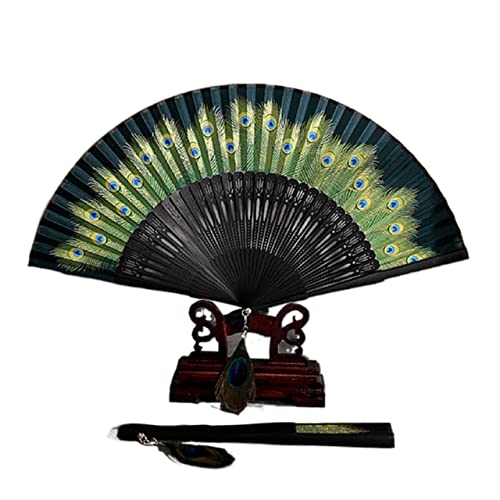 BODHIS Fächer, klassisches Handwerk, weiblicher Tanz, Hanfu-Anhänger, Retro, täglicher Gebrauch, Seiden-Faltfächer (O371 Dunkelgrün) von BODHIS