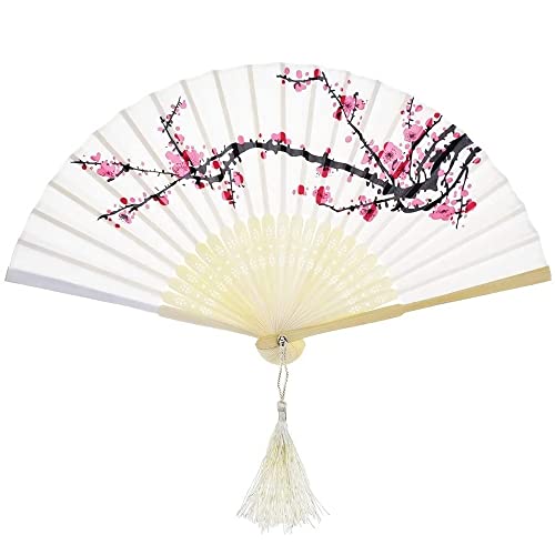 BODHIS Faltbarer Handfächer mit wunderschönem Pflaumenblüten-Aufdruck, Handfächer im chinesischen Stil mit Quaste (Mehrfarbig) von BODHIS