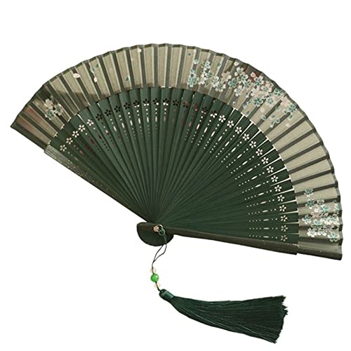 BODHIS Handfächer im Vintage-Retro-Stil mit Blumenmuster für Damen und Mädchen, zusammenklappbarer Seidenfächer mit zarter Hülle (grün) von BODHIS