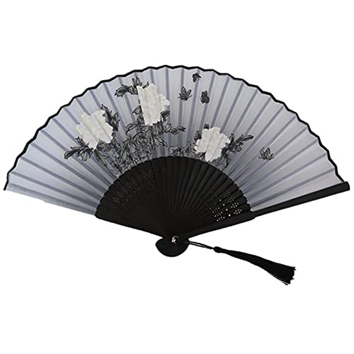 BODHIS Schwarzer Faltfächer im chinesischen Blumenstil, Seiden-Handfächer mit Quaste, Elegantes Pfingstrosen-Blumenmuster (Mehrfarbig) von BODHIS