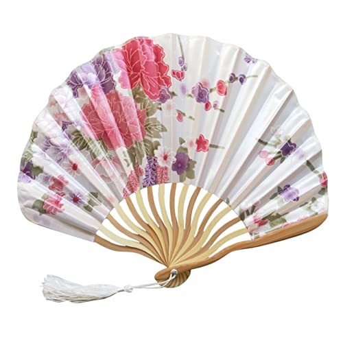Faltbarer Tanz-Handfächer aus Stoff im klassischen Stil mit Blumenmuster, Beige, Vintage-Stil, Faltbarer Handfächer zum Tanzen (B) von BODHIS