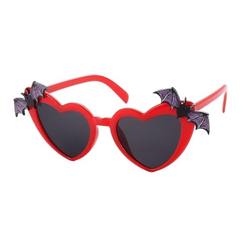 BODOBTF Herzförmige Fledermausflügel-Dekor-Sonnenbrille für Damen, trendiges Herz, Halloween, Disco-Party, Kostüm, Brille (rot) von BODOBTF