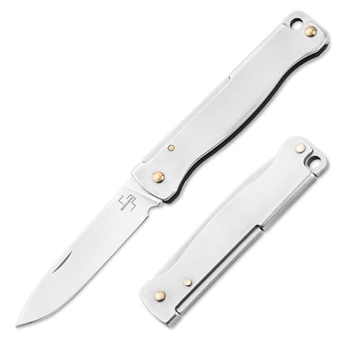 BÖKER PLUS® Atlas Mini - kleines Schlüsselbund Taschen-Messer mit Droppoint Klinge - Micro Klappmesser mit Edelstahl-Griff - EDC Light-Weight Keychain Knife - Nano Slipjoint Messer Silber von BÖKER PLUS