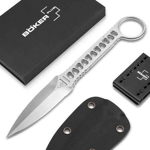 BÖKER PLUS® Voodoo - kleines feststehendes EDC Messer mit 440C Griff - hochwertiges Gürtelmesser mit 440C Klinge - Messer mit feststehender Klinge unter 12 cm mit Kydex Scheide, Silber von BÖKER PLUS