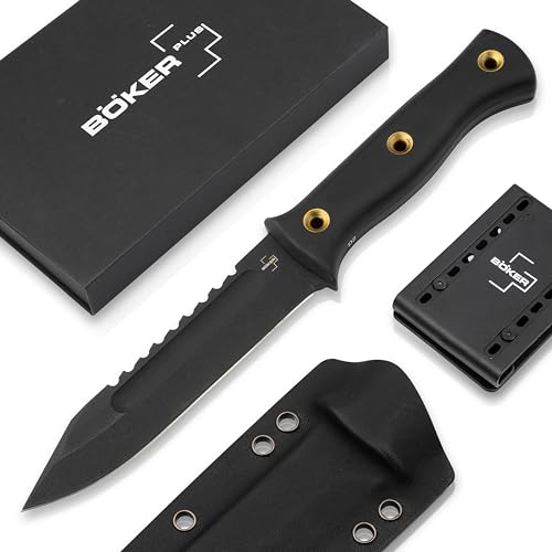 Böker Plus® Pilot Knife - schwarzes Überlebensmesser mit G10 Griff - Pilotenmesser mit scharfer D2 Klinge - Militär-Messer mit Kydex-Holster & Gürtel-Clip - Outdoor- & Survival -Armee-Messer von BÖKER PLUS