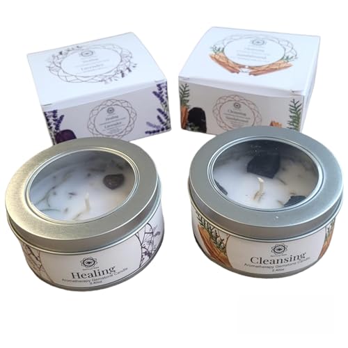 Boemy Set von 2 Duftkerzen Green Tree Aromatherapie und Dekoration mit schwarzem Turmalin und Amethyst, 70 g, entspannende Düfte Sandelholz, Wacholder und Lavendel, die Ihre Räume heilen und reinigen Boemy Set von 2 Duftkerzen Green Tree Aromatherapie und Dekoration mit schwarzem Turmalin und Amethyst, 70 g, entspannende Düfte Sandelholz, Wacholder und Lavendel, die Ihre Räume heilen und reinigen von BOEMY