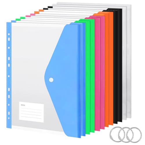 BOENFU Dokumententasche A4 Abheftbar, 12 Stück Dokumentenmappe A4 zum Abheften, Wasserdicht Erweiterbare Mappen mit Druckknopf, 11 Löcher Umschlagmappen, 6 Farben von BOENFU