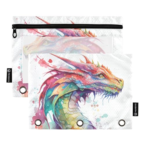 Aquarell-Drachen-Federmäppchen für 3-Ringbuch, 2 Stück, wasserdichte Bleistiftbeutel, transparentes Fenster, Reißverschluss, Schule, Bürobedarf von BOENLE
