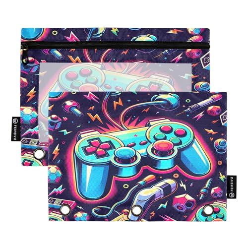 Bright Game Joystick-Bleistifttasche für 3-Ringbuch, 2 Stück, wasserdichte Bleistiftbeutel, transparentes Fenster, Reißverschluss, Schule, Bürobedarf von BOENLE