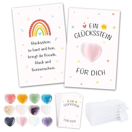 BOFUNX 12 Set Kinder Glücksstein, Bunte Glückssteine + Regenbogen Grußkarten + Organzasäckchen, Kinder Geschenk Glücksbringer Mitgebsel für Geburtstag Party und Abschied von BOFUNX
