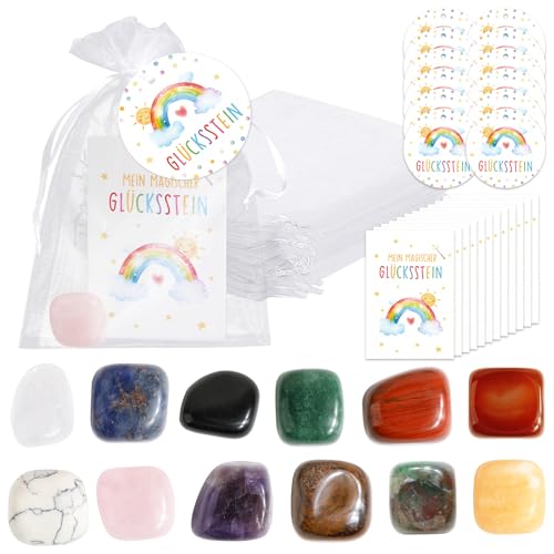 BOFUNX 12 Set Kinder Glücksstein, Bunte Glückssteine + Regenbogen Grußkarten + Regenbogen Geschenkanhänger + Organzasäckchen, Kinder Geschenk Glücksbringer Mitgebsel für Geburtstag Party und Abschied von BOFUNX