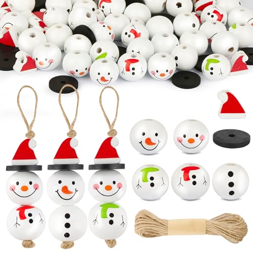 BOFUNX 120 Stücke Holzperlen 20mm Holzkugeln Mit Loch Schneemann Weihnachtsperlen Mit 10M Juteschnur für Anhänger Basteln Weihnachtsdeko Homedeko von BOFUNX