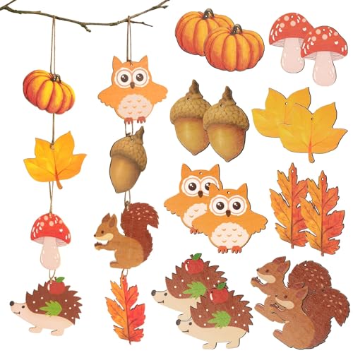 BOFUNX 16 Stücke Herbstdeko Fenster Hängend Holz Anhänger Fensterdeko Herbst Hängend Dekoanhänger Holzdeko - Ahornblatt Kürbis Eichel Pilz Eichhörnchen Igel Eule von BOFUNX
