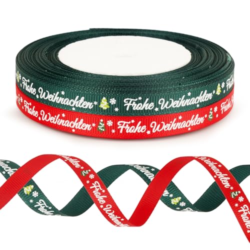 BOFUNX 2 Rollen Weihnachten Geschenkband Schleifenband Frohe Weihnachten Satinband Rot Grün Dekoband Basteln Bänder für Geschenk Weihnachtsdeko, 1cm×25Yards von BOFUNX