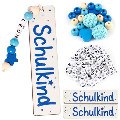 BOFUNX 2 Sets Lesezeichen Schulkind Holz Lesezeichen mit A-Z Buchstaben Holzperlen DIY Personalisiertes Lesezeichen für Jungen Einschulung Geschenk Schulanfang Geschenk Schultüte Füllung von BOFUNX