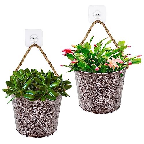 BOFUNX 2 Stücke Hängende Blumentöpfe Metall Vintage Blumentopf Hängeampel mit Juteseil Selbstklebend Haken für Blumen Pflanzen Wanddeko Gartendeko Wandvase von BOFUNX