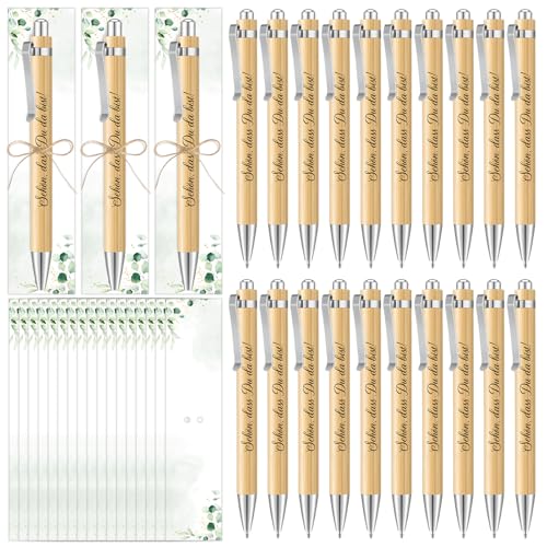 BOFUNX 20pcs Schön dass du da bist Holz Kugelschreiber Stifte Gastgeschenke Hochzeit mit Eukalyptus Karte Dankeschön Geschenk für Hochzeit Taufe Kommunion Konfirmation Geburtstag Abschied Abschluss von BOFUNX