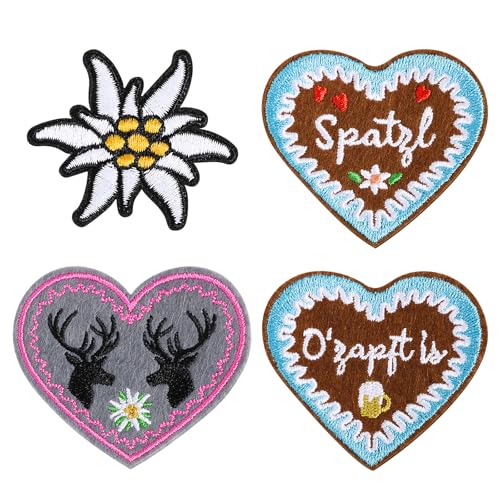 BOFUNX 4 Stücke Oktoberfest Aufnäher Edelweiß Hirschkopf Aufnäher Patches Bügelbild Aufbügelflicken für Kleidung Tasche Oktoberfest Deko von BOFUNX