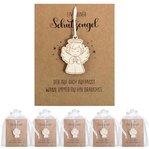 BOFUNX 5 Set Holz Schutzengel mit Geschenkkarte Organzasäckchen Schutzengel Geschenke für Familie Freunde Fahranfänger Prüfung Glücksbringer von BOFUNX