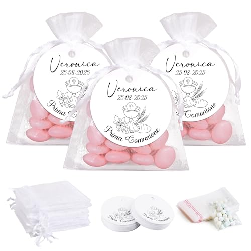 BOFUNX 50 Set Gastgeschenke für Erstkommunion, 100pcs Cellophantüten + 50pcs Organzasäckchen + 50pcs Geschenkanhänger von BOFUNX